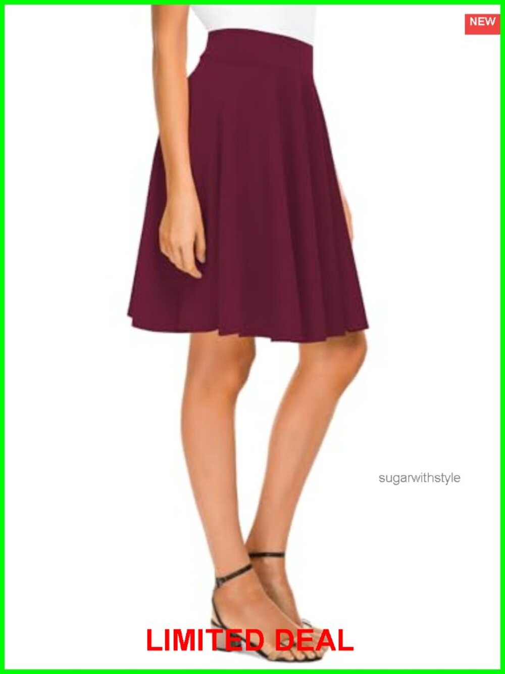 Stretchy Flared Midi Skirt High Waisted Casual